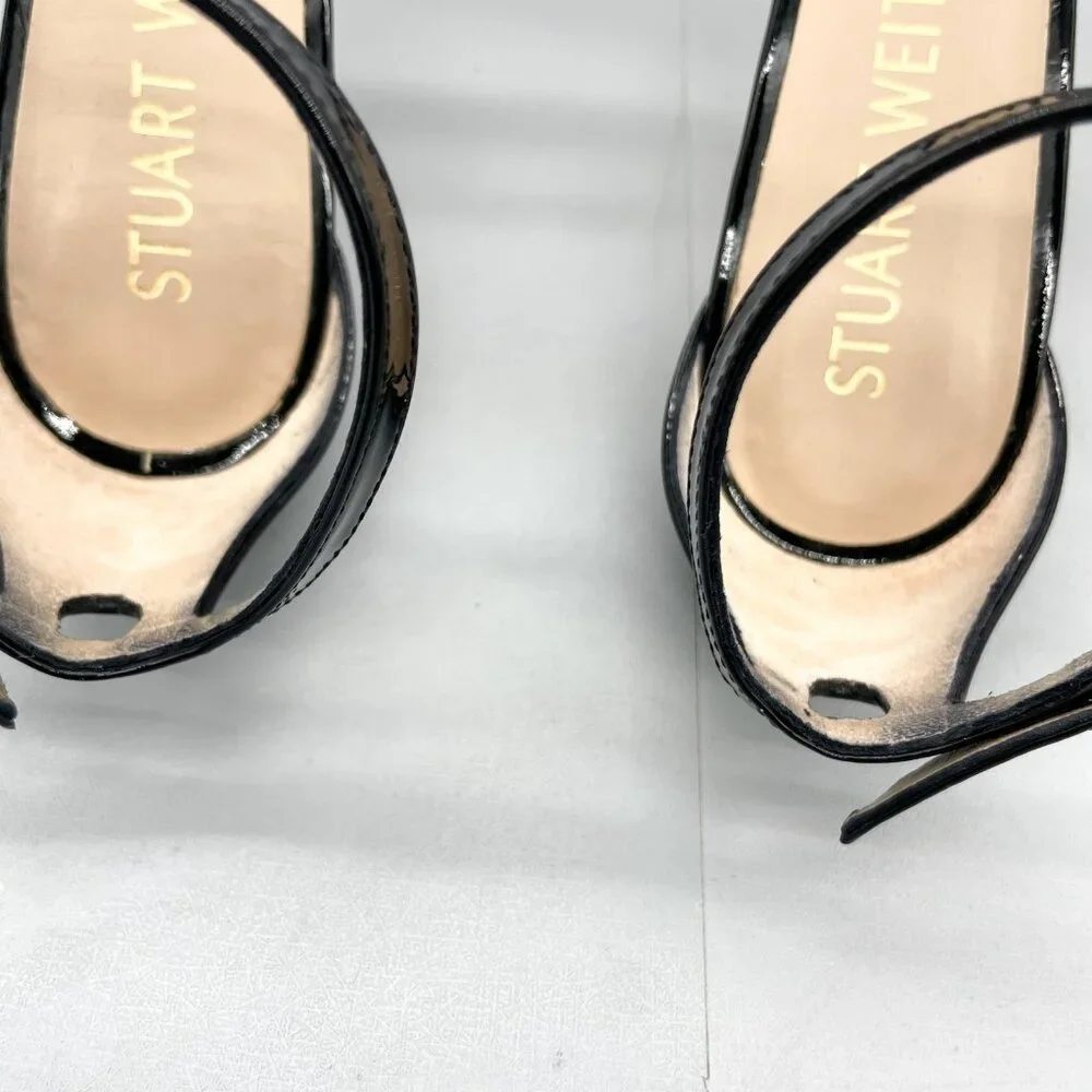 Stuart Weitzman Nudistcurve Black Patent Leather Strappy Stiletto Heel - Picture 10 of 14